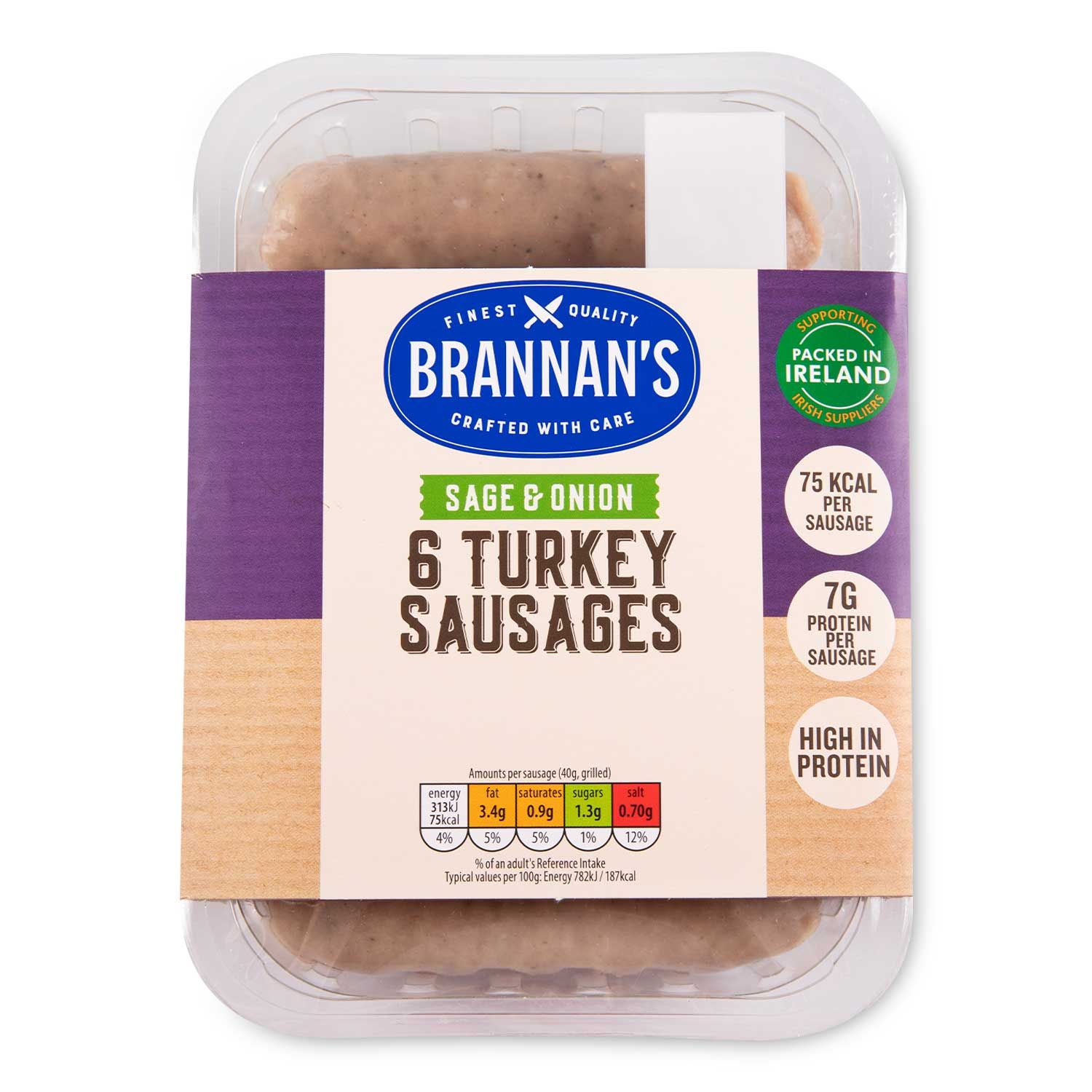 Sage & Onion Turkey Sausages 240g 6 Pack Brannan's